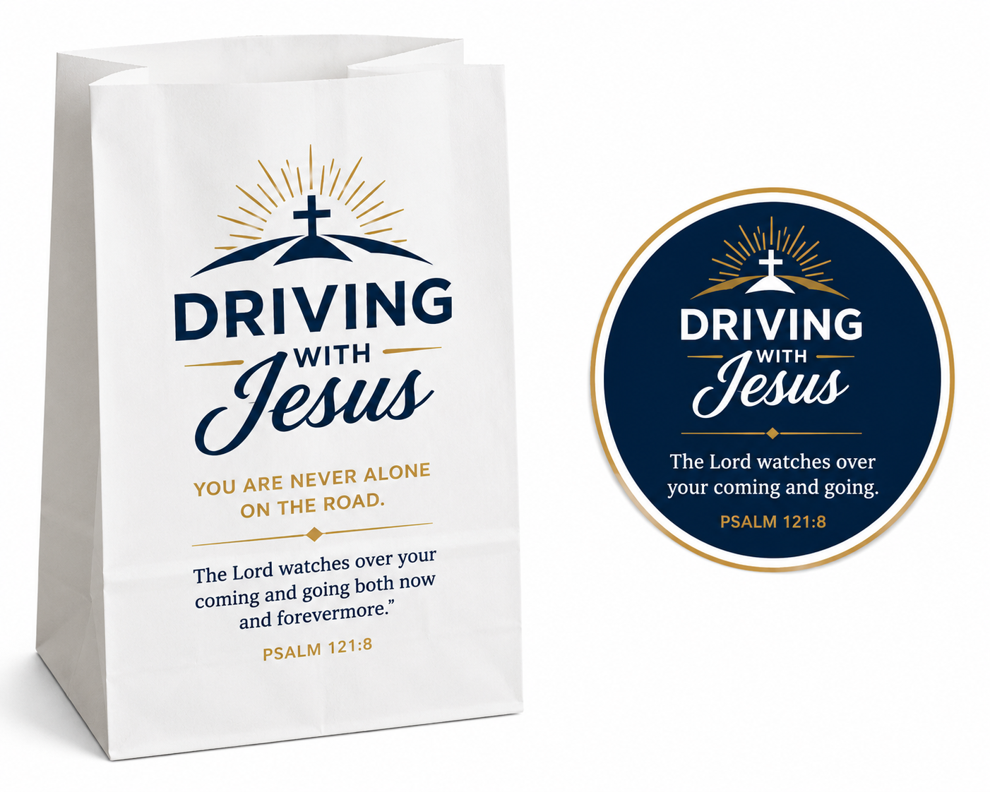 Driving With Jesus care bag with scripture and circular logo emblem