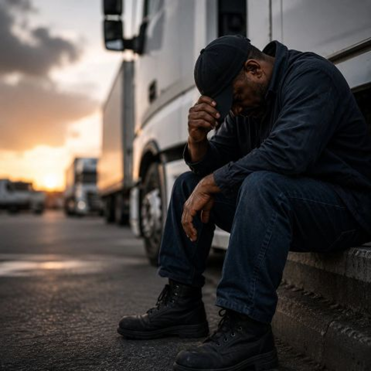 A weary truck driver sits beside his rig at sunset, head bowed
