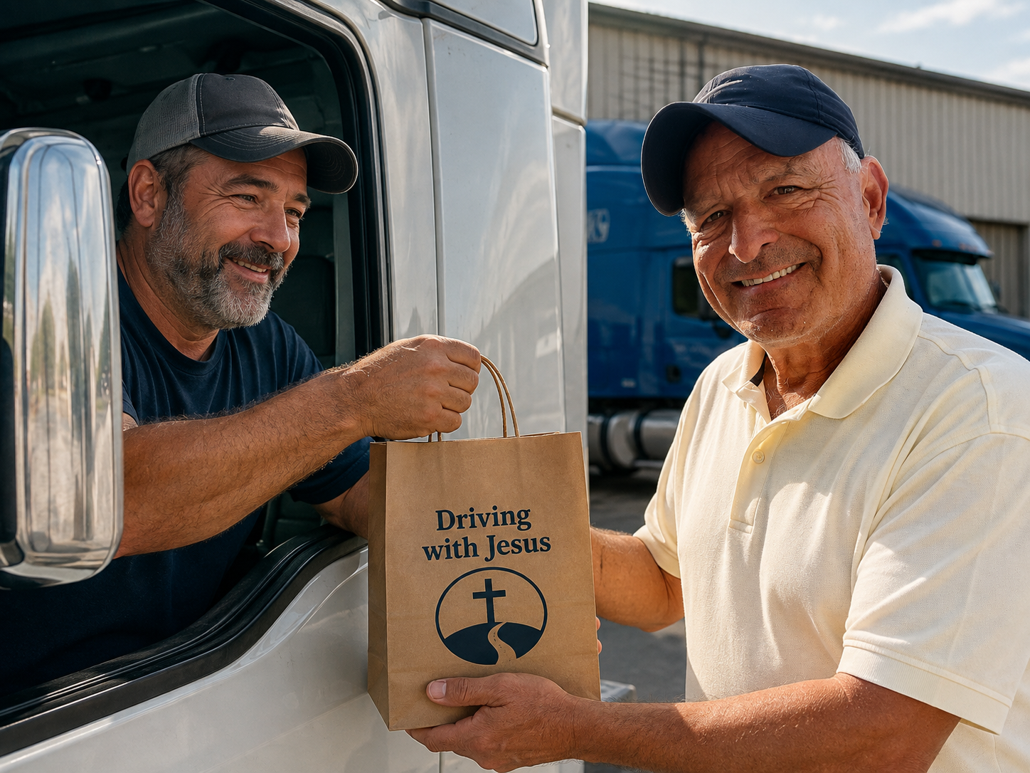 Rick Saling hands a Driving With Jesus care bag to a truck driver at his rig