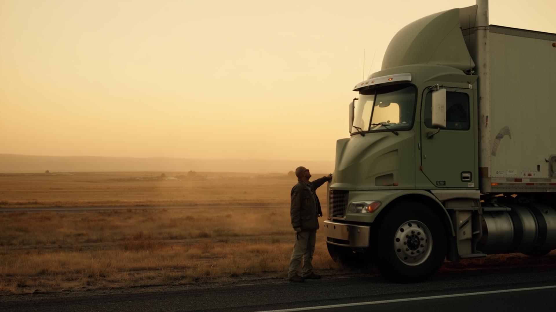 A truck driver pauses beside his rig at sunrise on an open highway